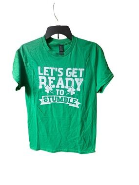 Gildan Green Short Sleeve Tee with White 'Let's Get Ready to Stumble' Graphic